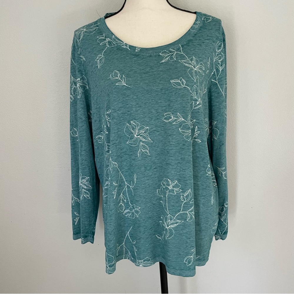 🦃C&C California Teal & White Floral Long Sleeve Blouse - Picture 2 of 4